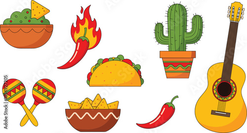 Mexican food and culture elements set with tacos chili cactus guitar and maracas cartoon illustration
