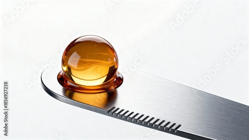 Glossy amber serum dome resting on a sleek stainless steel spatula against a bright background. Minimal macro shot symbolizing cosmetic testing, dosage precision and professional skincare care.

