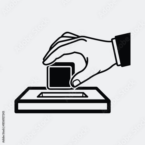 Silhouette human hand inserting block into ballot box slot vector illustration