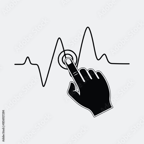 Silhouette human hand touching interactive sound wave display technology vector illustration