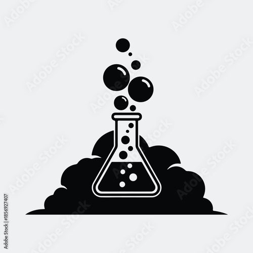 Silhouette laboratory flask chemical reaction with bubbles and smoke vector illustration