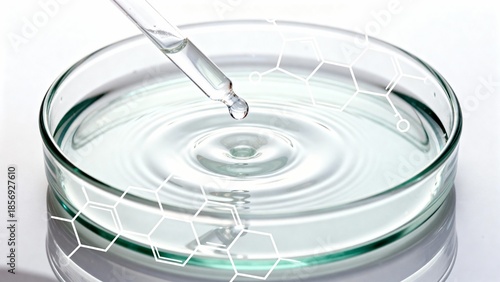 Glass pipette with clear serum dropping into a petri dish, creating soft ripples and overlayed molecular structure. Concept image for skincare science, dermatology and cosmetic formulation.