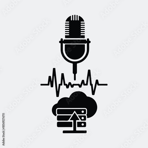 Silhouette podcast microphone sound wave cloud server upload vector illustration