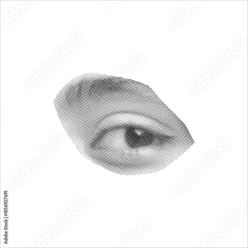 A detailed halftone illustration of a human eye observing intently
