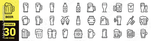 Set of Minimalist Beer and Brewery Line Icons Featuring Glassware, Mugs, Bottles, Hops, Wheat, Barrels, and Craft Beverage Celebration Symbols