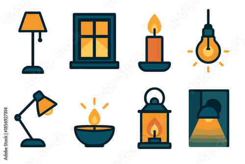 Winter Light Icon Set. Winter Evening Lightscape modern flat vector icons: shaded floor lamp, window glow, candle flame, string bulb, desk lamp, decorative light bowl, cozy lantern