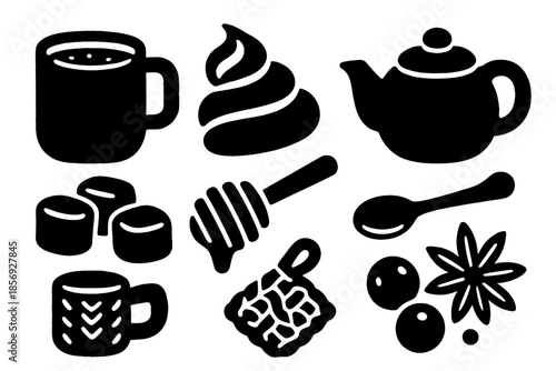 Hot Sip Icons. Comforting Hot Sips silhouette set: cocoa mug, whipped topping, marshmallows, ceramic teapot, honey dipper, tiny spoon, knitted cozy, spice blend