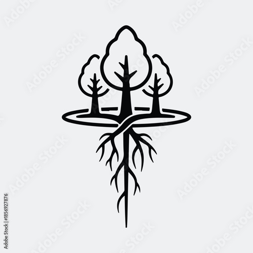 Silhouette stylized interconnected forest trees with strong roots abstract nature vector illustration