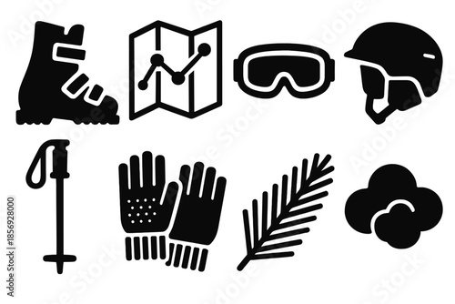 Ski Icon Essentials. Mountain Ski Essentials silhouette set: ski boots, trail map, goggles, helmet, ski pole, wool gloves, pine branch, cloud puff