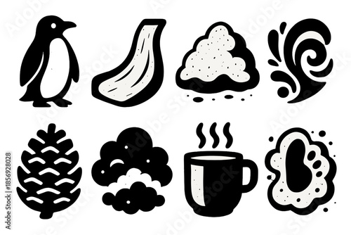 Penguin Icon Adventure. Penguin Glide Fun silhouette set: penguin figure, slick ice path, snow drift, splash swirl, pinecone, cloud haze, warm drink cup, snowy footprint