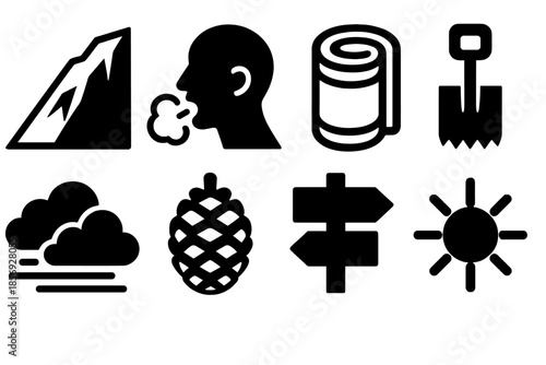 Extreme Cold Icons. Extreme Cold Exploration silhouette set: glacier slope, breath cloud, insulated mat, snow saw, cloud haze, pinecone, trail sign, winter sun