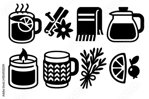 Seasonal Comfort Icons. Seasonal Comfort Sips silhouette set: mulled drink cup, spice blend, warm napkin, glass kettle, candle jar, knitted cozy, herbal bundle, fruit garnish