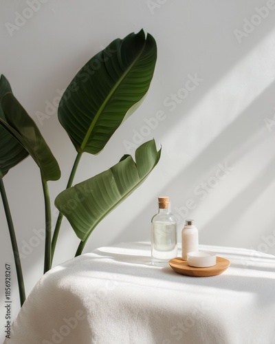 Bright room with bottle, cream, and tray on table near large green leaves in the sunlight