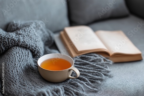 Cozy scene with a cup of tea and an open book on a gray sofa with a blanket nearby during the afternoon