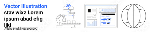 Industry 4.0, data analysis, global networking, industrial automation, robotics, digital transformation. Robotic arms a data interface and a globe symbol. Industrial automation and data analysis