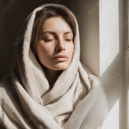 Woman wrapped in a soft scarf standing by the window while the sunlight comes in and shines on her face