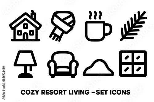 Brutalist Cozy Icons. Cozy Resort Living silhouette set: ski lodge outline, wool scarf, steaming mug, pine sprig, soft lamp, plush seat, snow mound, window glow