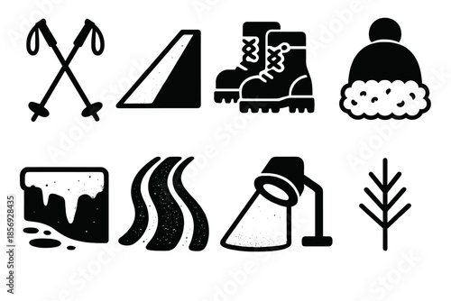 Winter Sports Icons. Outdoor Winter Games silhouette set: ski poles, snow ramp, sturdy boots, fluffy hat, frozen creek edge, snow trail, soft spotlight, pine sprout