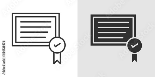 Certificate Icon showing a document with a ribbon or seal, representing achievement, qualification, verification, and official recognition.