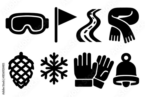 Ski Training Icons. Cold-Season Ski Training silhouette set: ski goggles, teaching flag, snow trail, warm scarf, pinecone, snowflake, cozy gloves, tiny bell