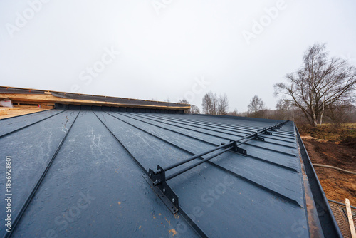 Bild auf Leinwand Low angle view of dark standing seam roof under construction, double rail snow guard spans panels, exposed eaves and underlayment at left, birch trees, wet panels, overcast light