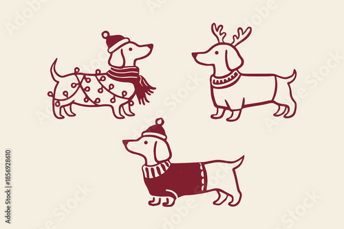 Dachshund winter dog set doodle outline vector illustration