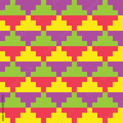 Stepped diamond pattern created from yellow, red, purple and green squares