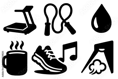 Chilly Cardio Icons. Chilly Cardio Sessions silhouette set: treadmill silhouette, jump rope, sweat droplet, athletic shoe, music note, warm drink mug, cloud puff, gentle spotlight