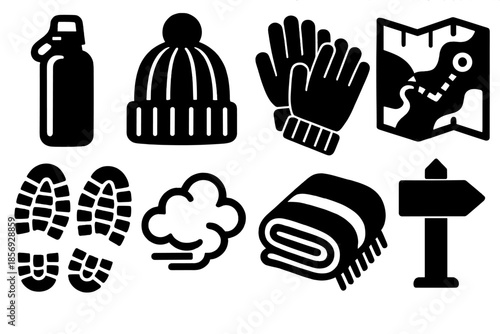 Cold-Season Journey Icons. Cold-Season Journey Kit silhouette set: thermal bottle, knitted hat, warm gloves, trail map, boot prints, cloud puff, cozy blanket, road marker