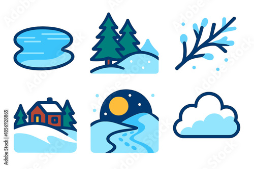 Vibrant Snowy Icons. Snowy Provincial Scenes modern flat vector icons: frozen lake, pine forest, snowy hill, frosted branch, distant cabin, moon glow, snow trail, cloud puff