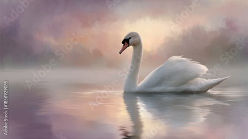   A lone white swan gracefully glides atop the placid lake as a nearby wooded landscape drapes itself in dense, mystifying fog