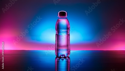 A Modern Water Bottle Stands On A Reflective Surface Illuminated By Vibrant Pink And Blue Lights The Scene Exudes A Refreshing And Energetic Vibe Ideal For Health And Wellness Branding