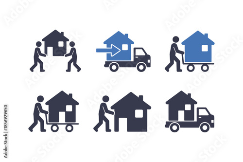 Moving house and relocating home icons with people and trucks relocation transport truck service