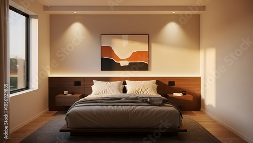 Modern bedroom with a minimalist aesthetic and abstract art
