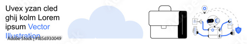 Cloud computing, artificial intelligence, digital tools, business innovation, data security, robotic automation. Visuals a cloud, briefcase and robotic elements. Cloud computing and AI highlighted