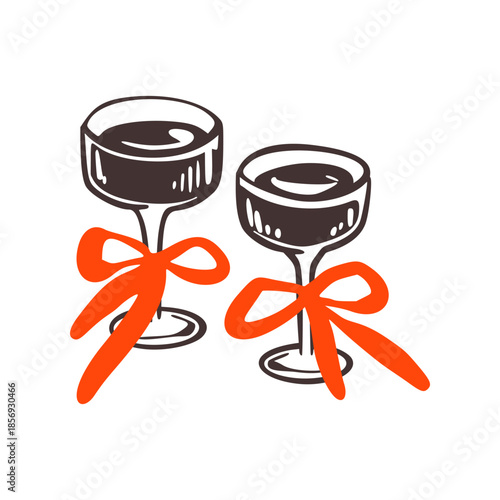 Hand drawn whimsical cocktail clinking glasses with coquette red bows. Crayon doodle margarita, martini, champagne wine drawing. Charcoal girly illustration. Bachelorette party coquettish drink bar