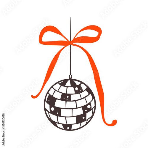 Hand drawn doodle crayon disco ball with whimsical coquette red bow ribbon. Bachelorette bridal party, feminine birthday crayon design element. Mirror ball drawing. Night club karaoke bar illustration