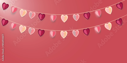Romantic heart garland string decoration on red background for Valentine celebration banner design