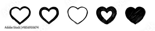 Set of hand drawn grunge heart shape. Paintbrush, coal, charcoal, pastel drawing. Chalk sketch on the blackboard. Love, wedding, Valentines day icon, design element. Freehand crayon doodle scribble