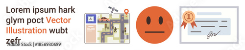 Navigation tools, emotional , professional certifications, achievements, graphic design, conceptual visuals. Includes map illustration, neutral face icon and signed certificate. Navigation