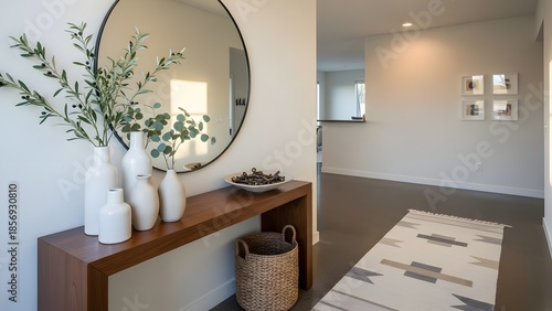 Modern entryway with console table mirror and decorative vases