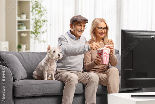 Happy mature couple with their dog enjoying a movie