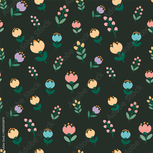 Seamless floral pattern on a dark background with flowers of different colors and sizes