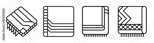 Set of folded blankets line art icons for home comfort and warmth