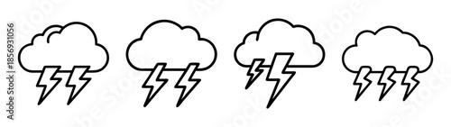 Cloud and lightning icon set, stormy weather forecast vector graphic