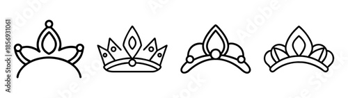Collection of elegant royal crown and tiara outline icons set