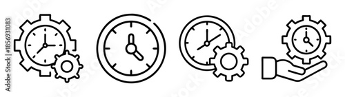Time management, efficiency, process, and settings line icon set