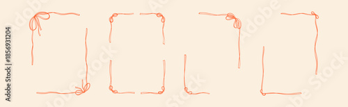 Set of whimsical red bow ribbon frames for wedding, bachelorette, bridal shower invitations, Christmas and New Year greeting cards, Italian restaurant, French Parisian patisserie menu. Coquette border