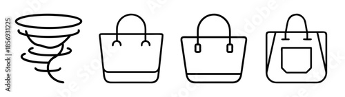 Line art vector icons of weather tornado and fashion tote bags set
