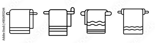 Line art icons of clean towels hanging on a bar, home hygiene.